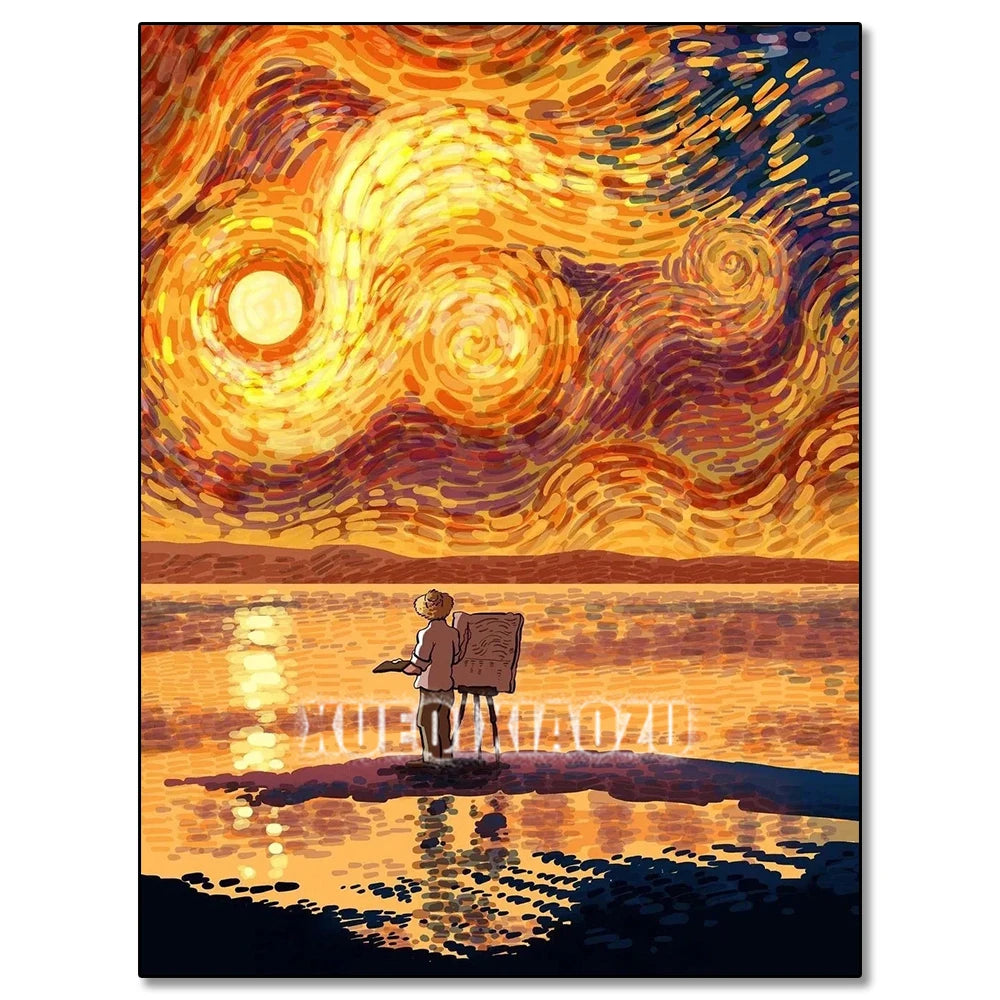 A vibrant oil painting reproduction of Van Gogh's Starry Night featuring swirling yellow and orange stars over a dark landsca