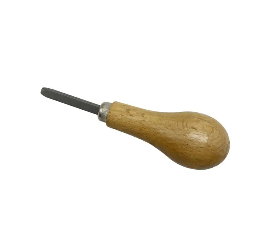 A professional bezel setting pusher tool with a metal blade and a wooden handle.