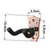 A copper-colored guitar wall mount hanger with a padded black yoke, showing its dimensions.