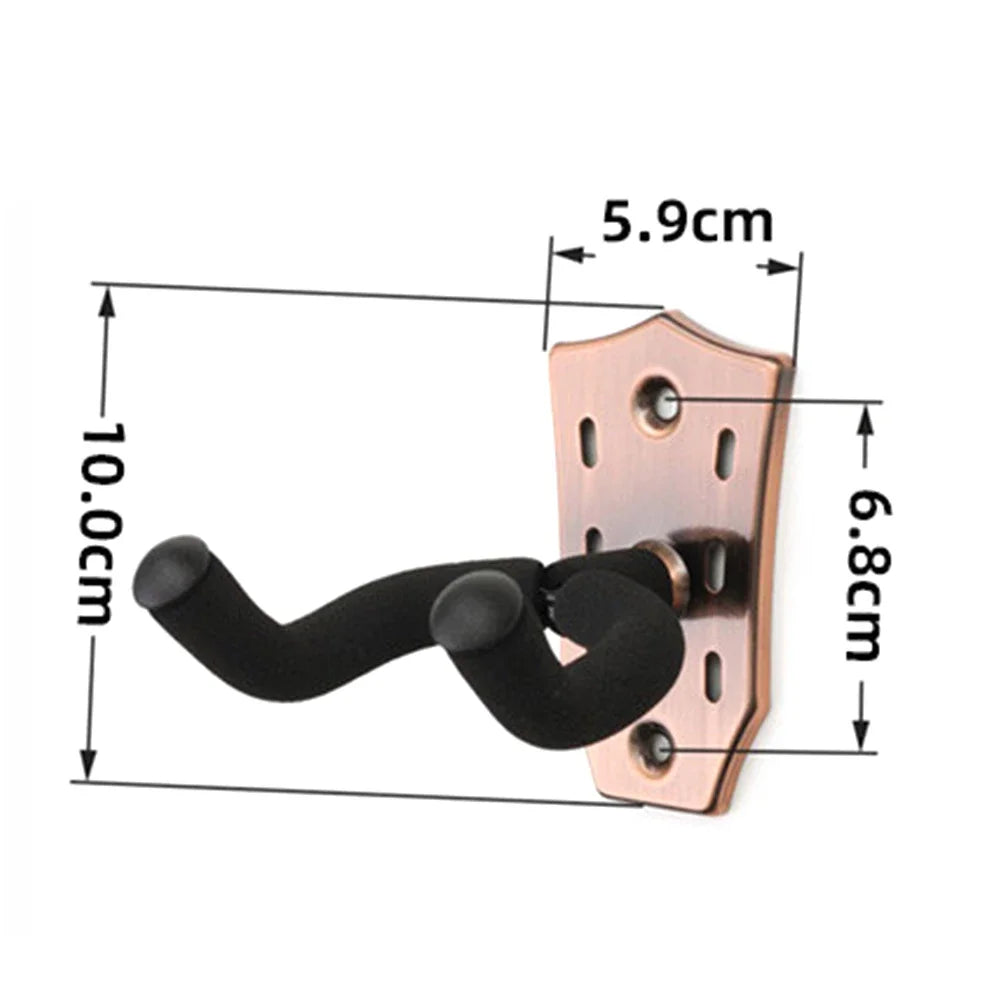 A copper-colored guitar wall mount hanger with a padded black yoke, showing its dimensions.