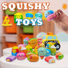 Assorted pack of 12 mini food squishy toys in various colors and shapes