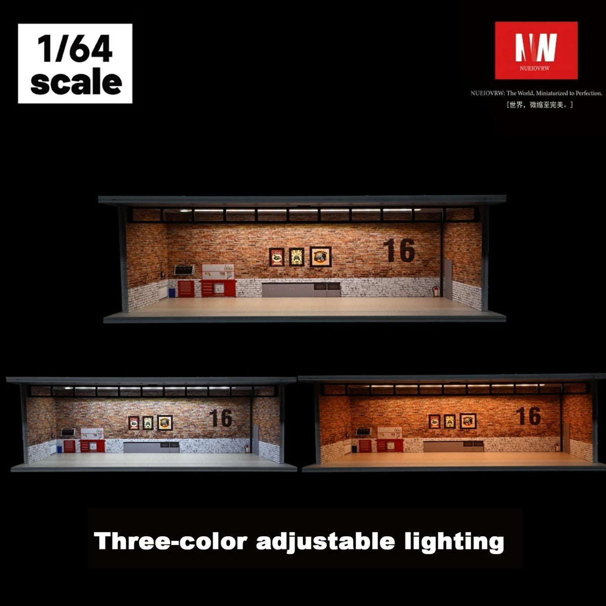 A display of a 1:64 scale modular car garage featuring a brick wall and an acrylic showcase with adjustable lighting.