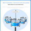 A blue plastic drum set with five drums and one cymbal mounted on a stand.