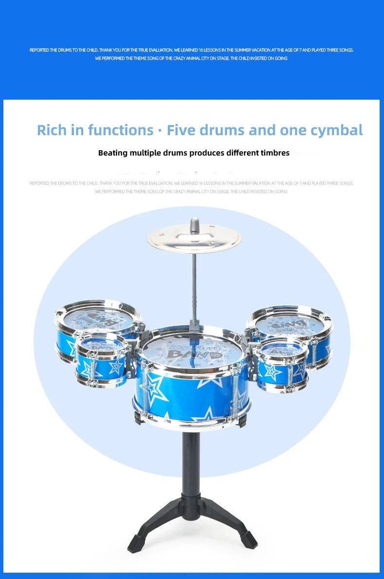 A blue plastic drum set with five drums and one cymbal mounted on a stand.