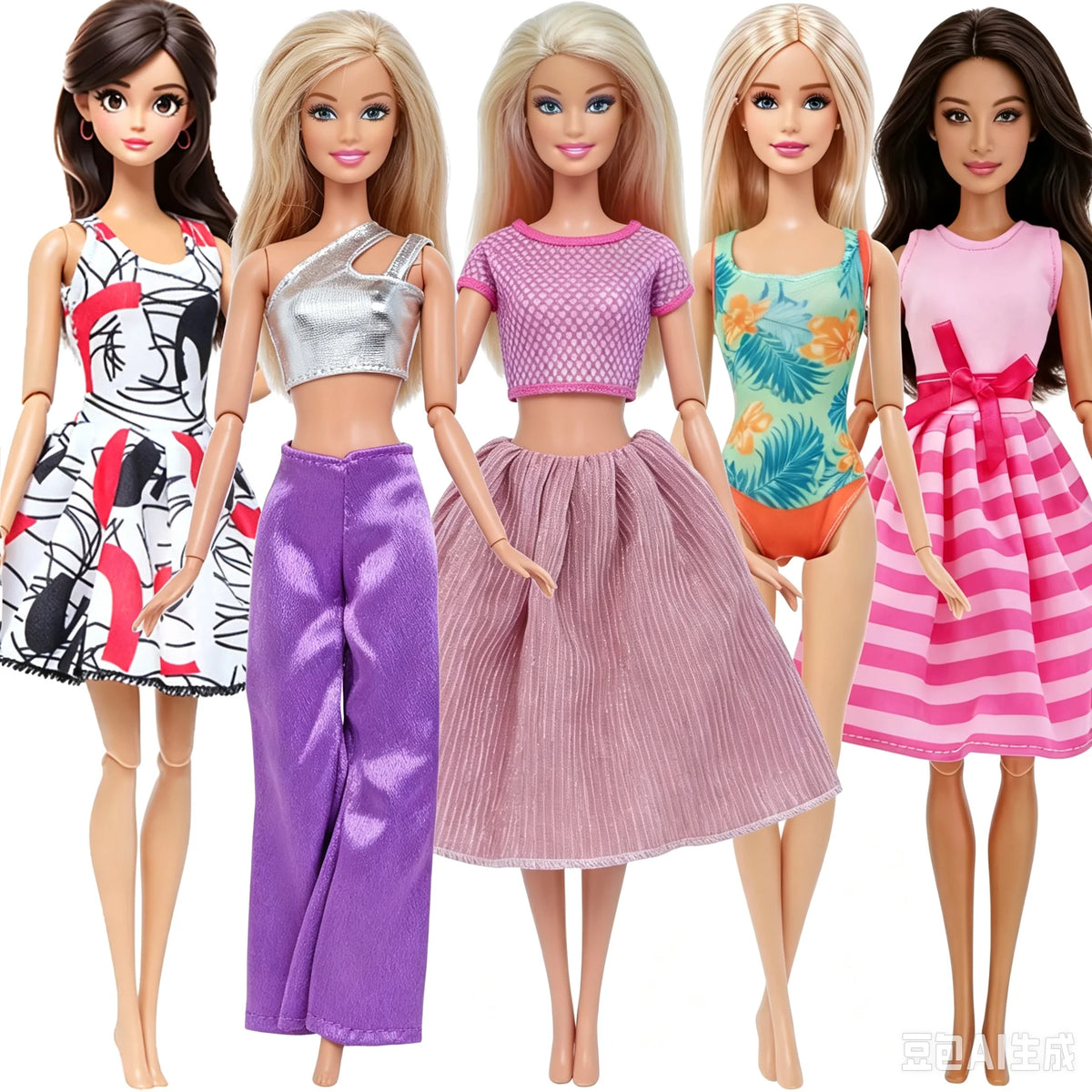 A set of five handmade casual doll outfits for 1/6 scale dolls featuring various colors and styles.