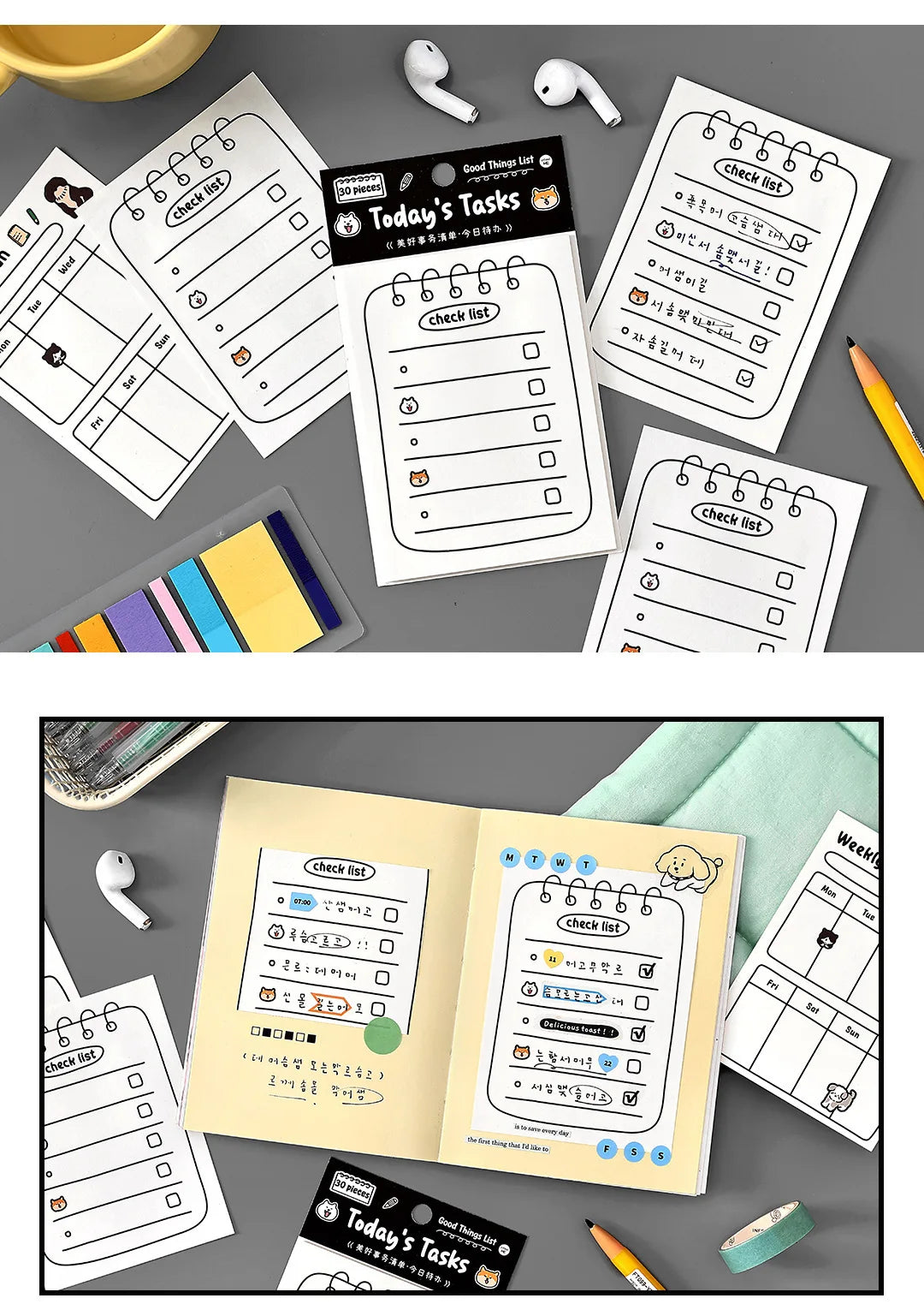 A collection of cute stationery memo pads featuring checklists, daily planning layouts, and various note pages.