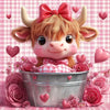 A cute, fluffy orange cow head with pink accents and a bow sits above a silver pot filled with pink roses.