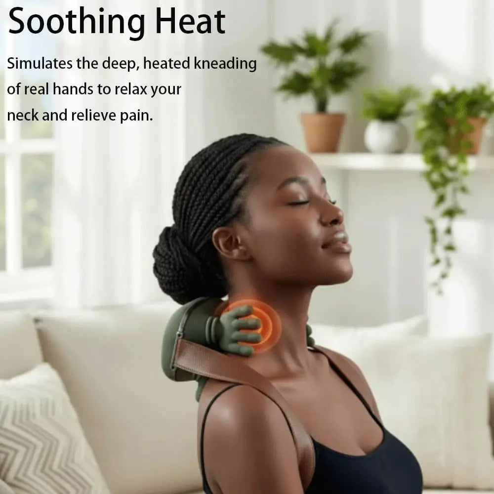 A woman is using a black shiatsu massager on her neck in a bright indoor setting.