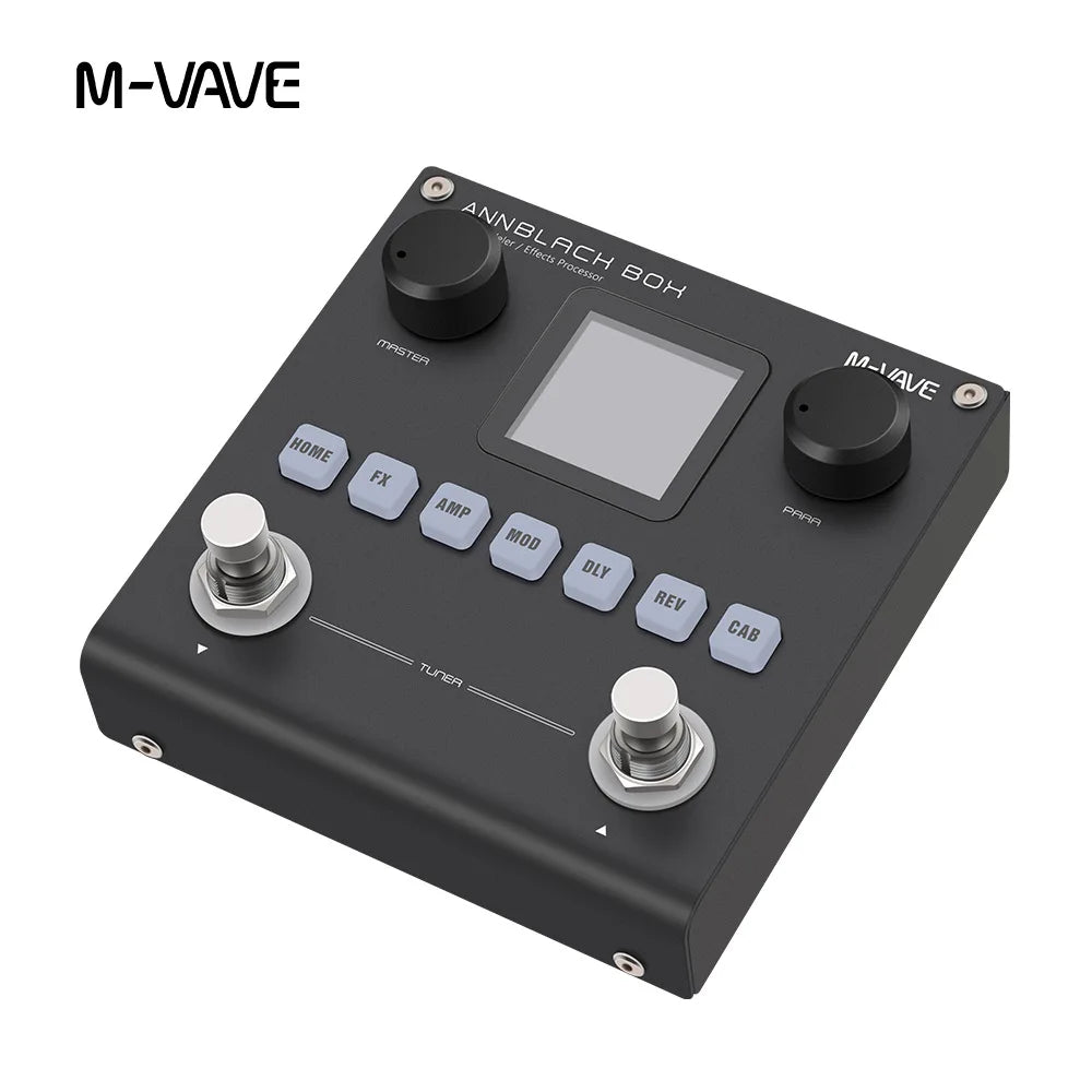 A black M-VAVE multi-effects processor and amp modeler device with various controls and a display screen.