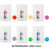 Six pearlescent colored bottles of liquid paint or craft material for DIY projects