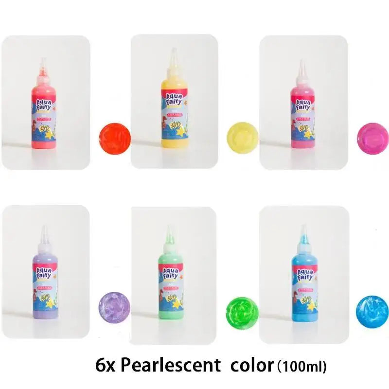Six pearlescent colored bottles of liquid paint or craft material for DIY projects