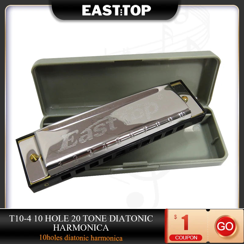 A silver 10-hole diatonic harmonica in C with stainless steel covers shown in an open case.