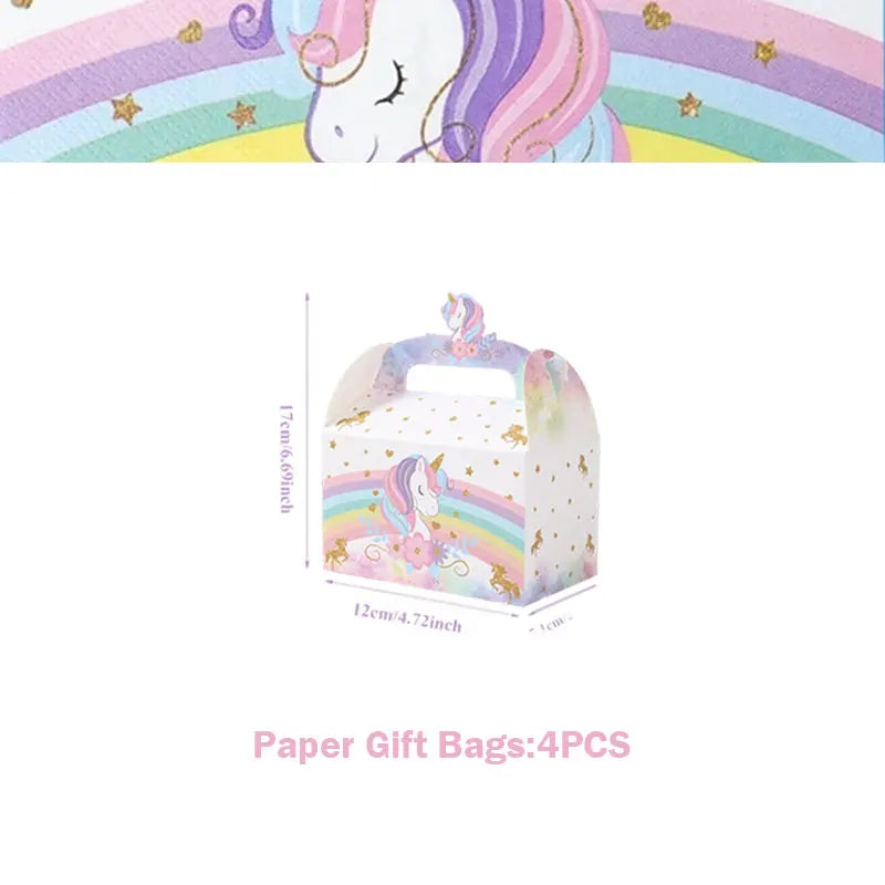 A set of four colorful paper gift bags featuring a unicorn design for a girls' birthday celebration.