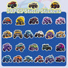A collection of 50 pieces of colorful monster truck cartoon stickers featuring various vehicles.