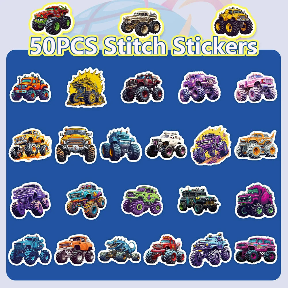 A collection of 50 pieces of colorful monster truck cartoon stickers featuring various vehicles.