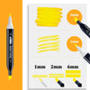 A set of yellow alcohol art markers with various tips and color intensity demonstrations.