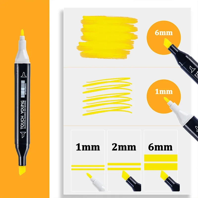 A set of yellow alcohol art markers with various tips and color intensity demonstrations.
