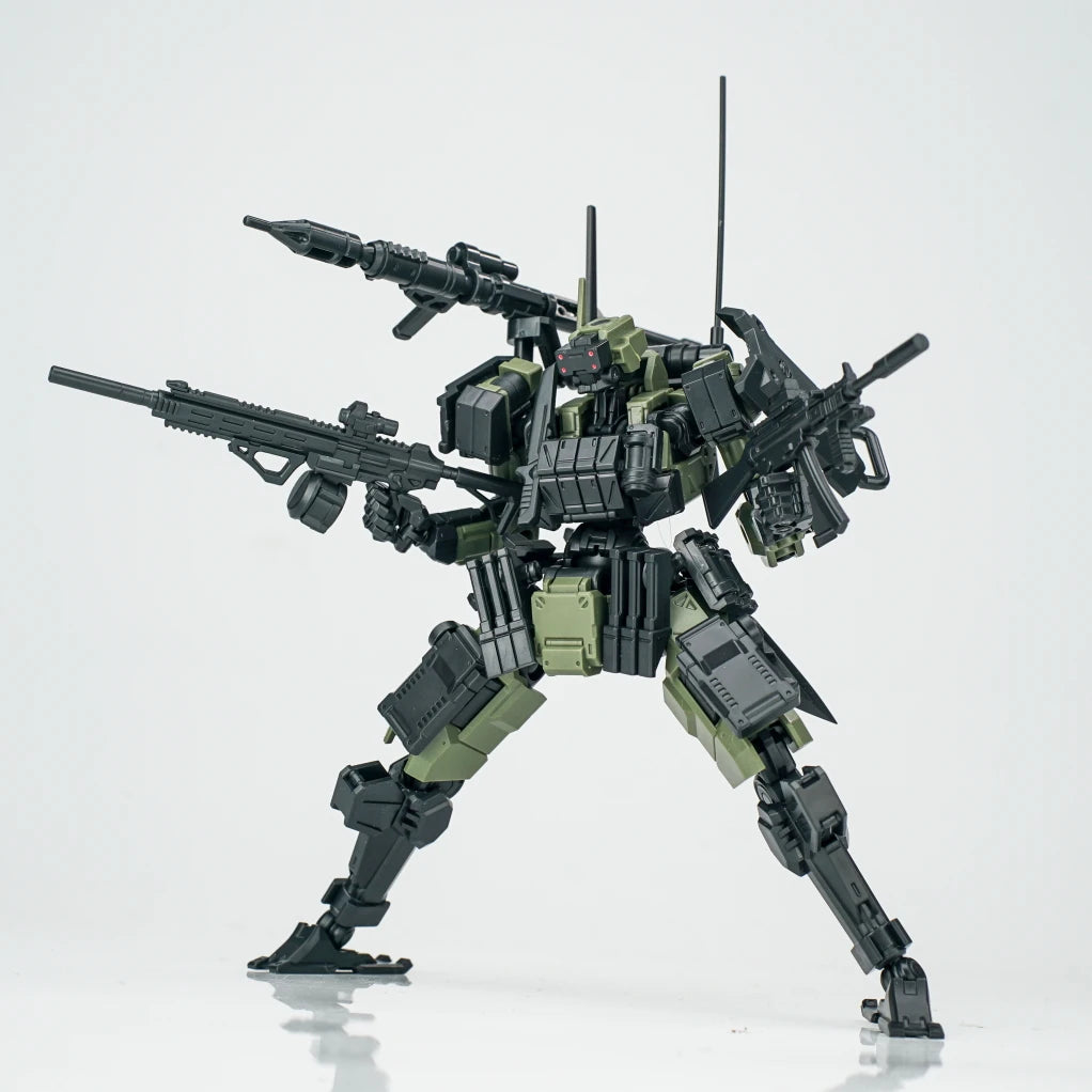 A 1/18 scale FENRIR A6 Assault Type Mecha model kit in dark green and black, posed dynamically.