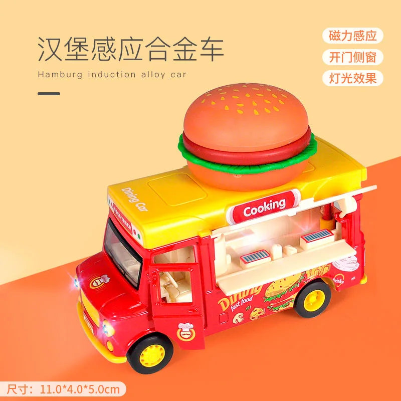 A red and yellow induction alloy car shaped like a burger, featuring cooking elements and lights.