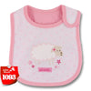 Pink baby feeding bib with a cartoon sheep design and waterproof backing