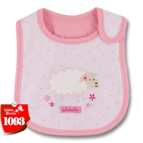 Pink baby feeding bib with a cartoon sheep design and waterproof backing