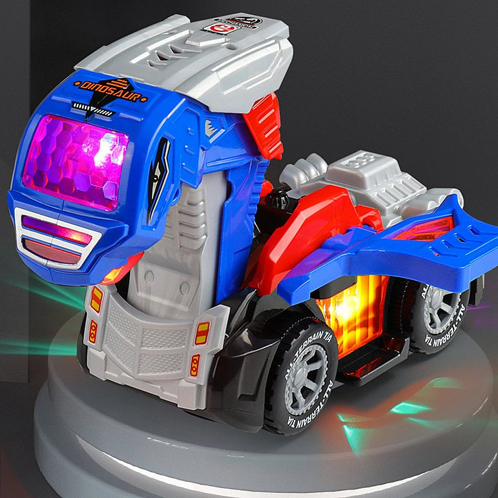 A blue and gray transforming dinosaur robot car toy with lights and sounds displayed on a circular base.