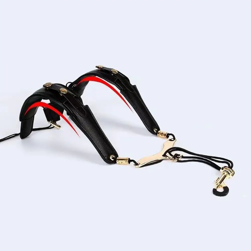 Black adjustable PU leather saxophone shoulder strap with gold hardware