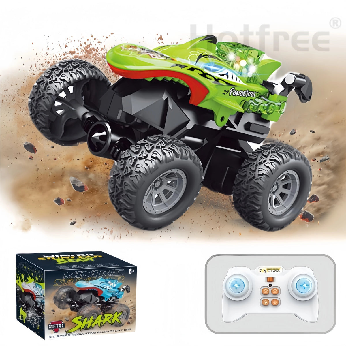 Mini RC Stunt Car with Dinosaur & Shark Designs, LED Lights, and Dual Speed