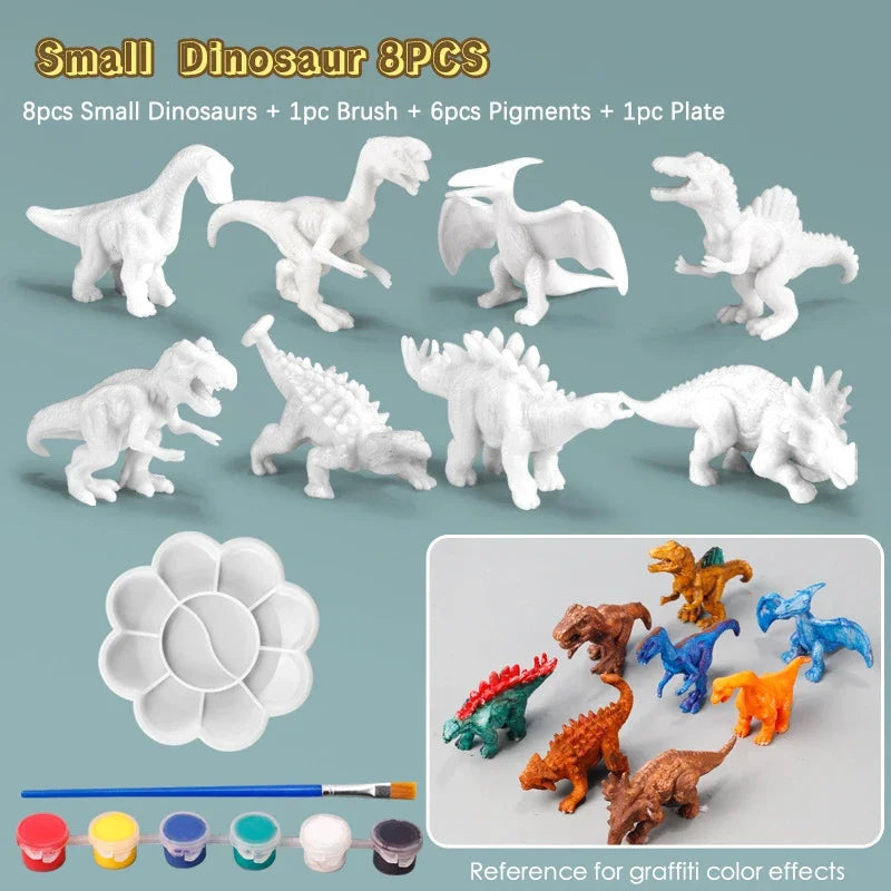 Small Dinosaur painting kit featuring 8 plastic dinosaurs, brushes, pigments, and a paint plate for crafting.