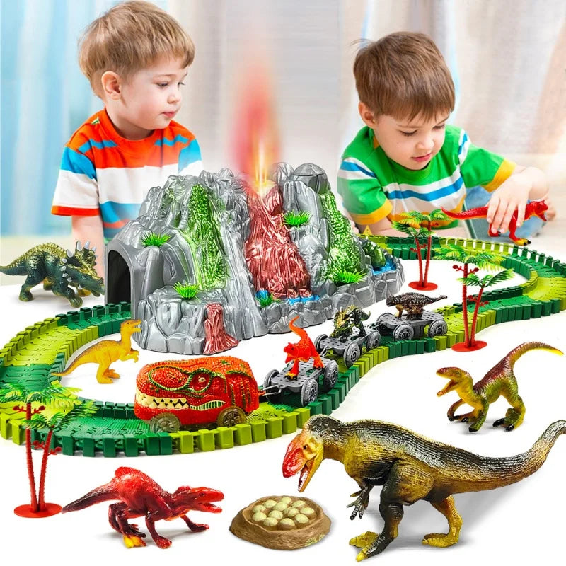 Dinosaur train track set featuring a mist-spouting volcano and various dinosaur figures.