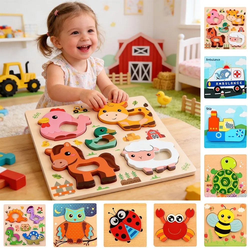 A wooden animal puzzle set featuring various colorful animals like a pink hippopotamus, orange deer, and white sheep.