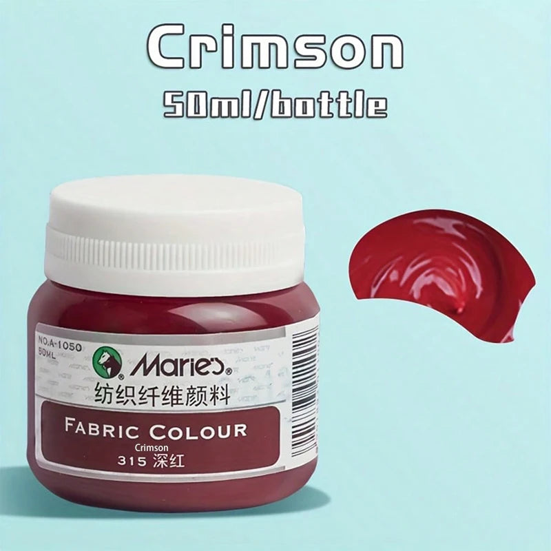 A bottle of Crimson fabric colour paint, 50ml per bottle, with a swatch of the red liquid next to it.