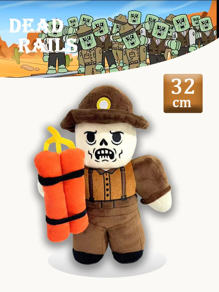 A plush toy resembling a dead rail character with a brown hat and orange striped body.