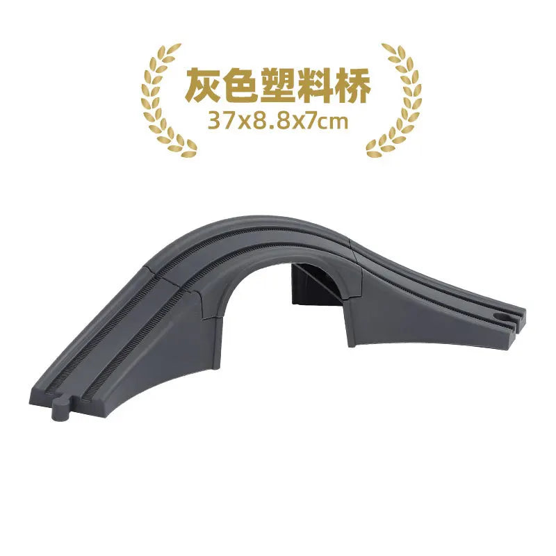 A set of wooden train track accessories for airport and gas station scenes.