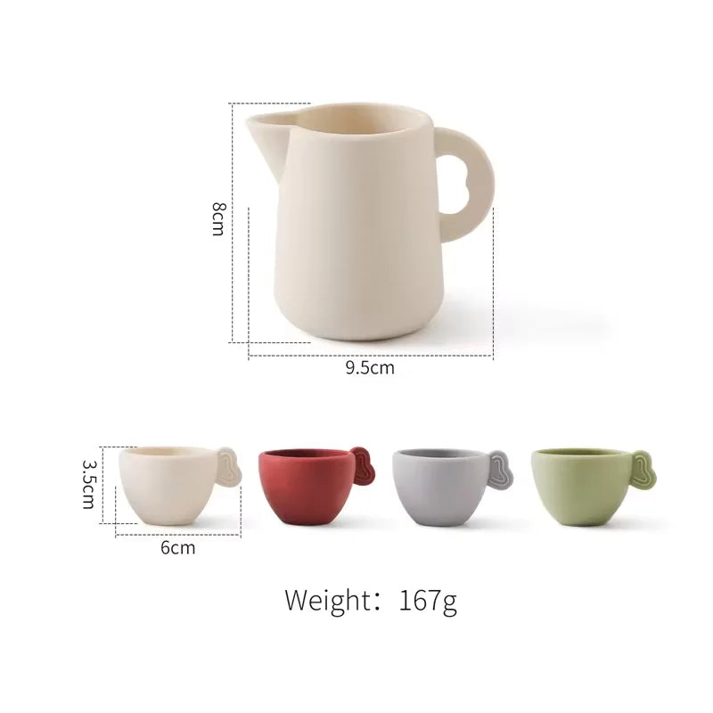 A set of wooden pretend play tea party cups in various sizes and colors.