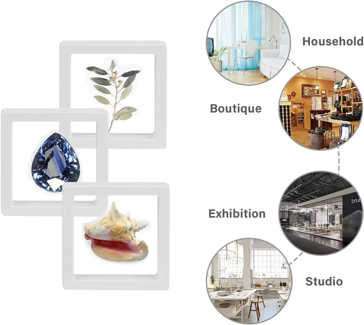 A set of 3D floating jewelry storage display boxes shown in various contexts like household, boutique, exhibition, and studio