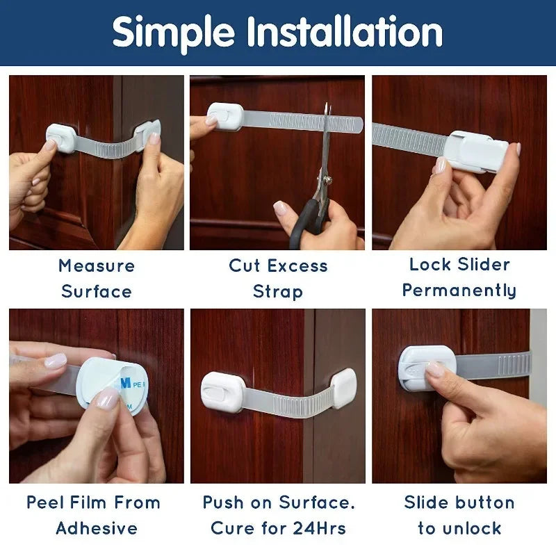 Instructions showing how to measure, cut, and install adhesive baby safety locks on cabinet surfaces.