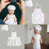 A baby wearing a white chef hat and apron, with separate images showing the product set.