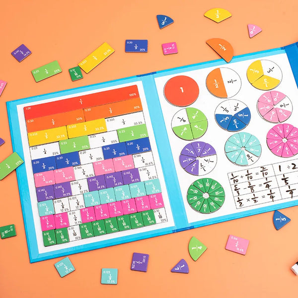 A colorful wooden fraction book with various fraction pieces and charts scattered on an orange background.