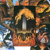 A close-up of a tarot card depicting the Ace of Swords, featuring a sword engulfed in flames against a dark background.