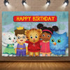 A colorful cartoon illustration of a tiger, a white cat, and a child celebrating a birthday with a happy birthday banner.