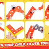 A set of orange and red battery-powered tools for children, including a toy drill and various hand tools.