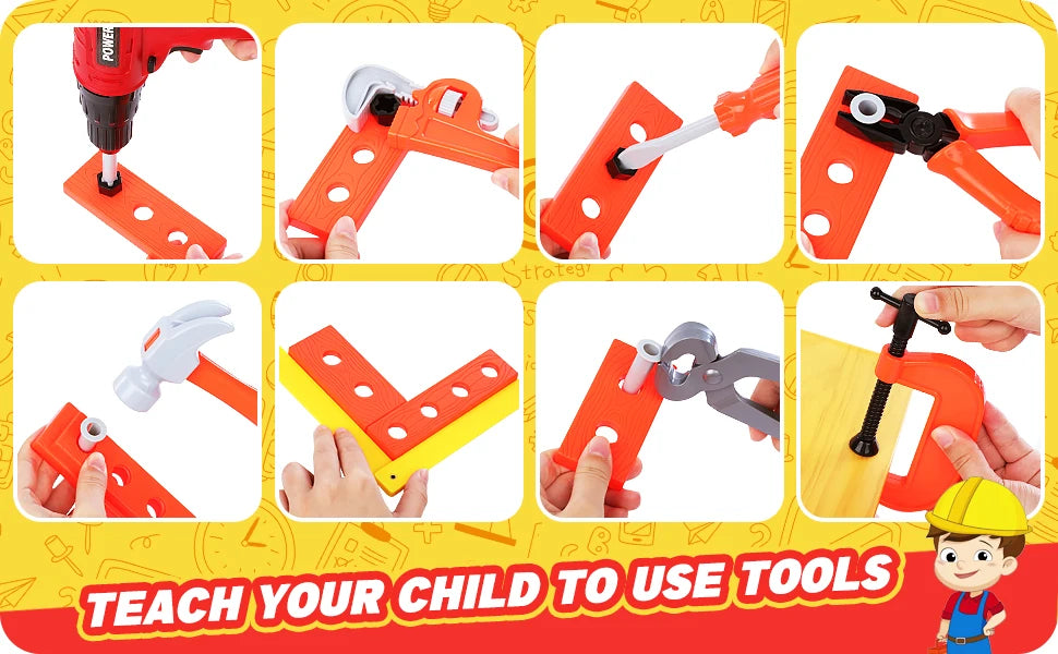 A set of orange and red battery-powered tools for children, including a toy drill and various hand tools.