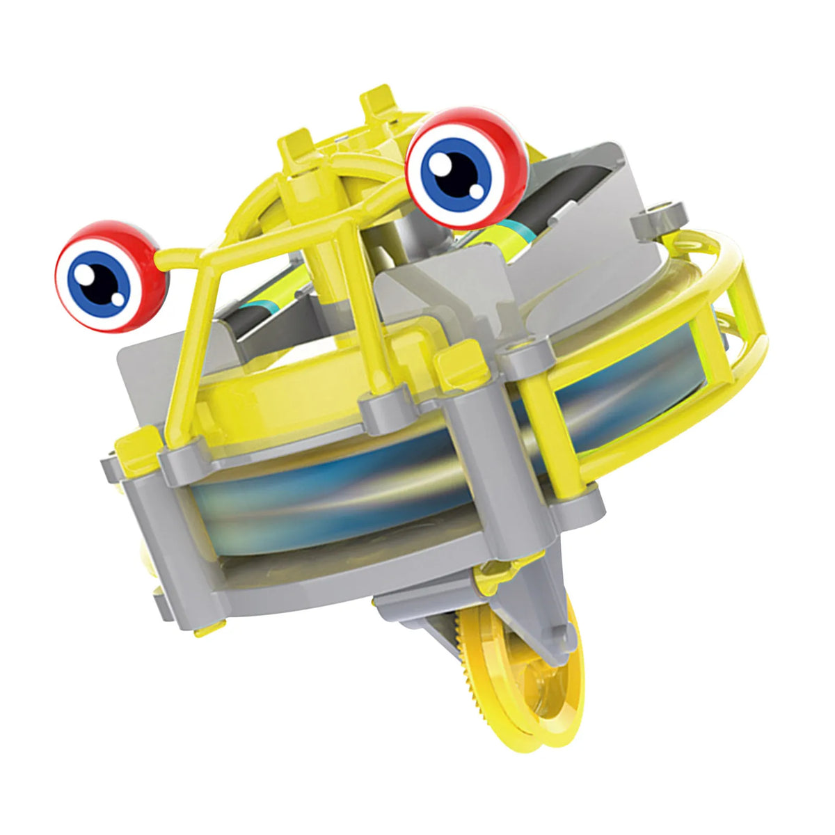 A yellow and gray gyroscopic unicycle fingertip spinner with large red and blue eyes.