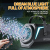 A hand operates a black rechargeable bubble machine with a remote control, creating blue light bubbles outdoors.