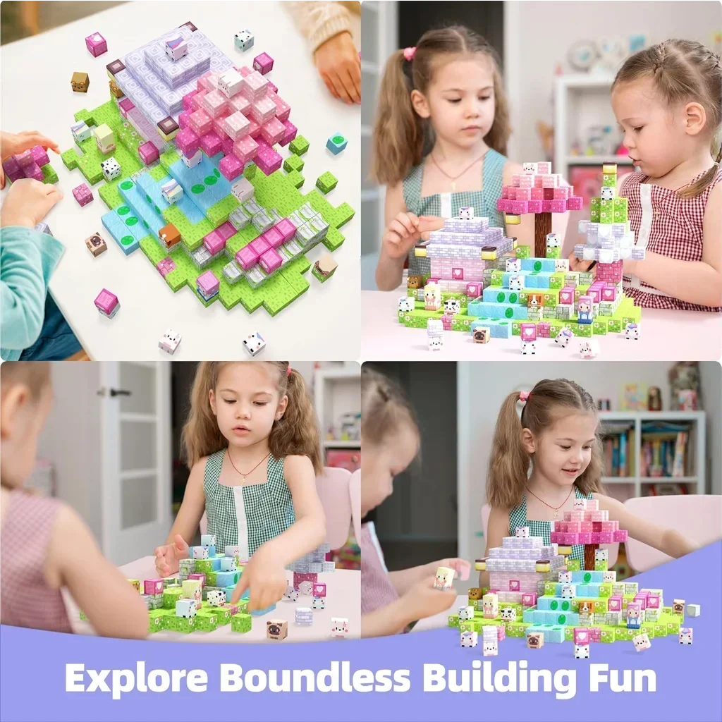 A set of magnetic building blocks is shown being used to construct a castle and various structures by children.