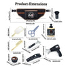 A collection of hair styling tools and accessories for a kids pretend salon set including scissors brushes and dryers