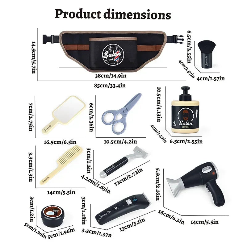 A collection of hair styling tools and accessories for a kids pretend salon set including scissors brushes and dryers