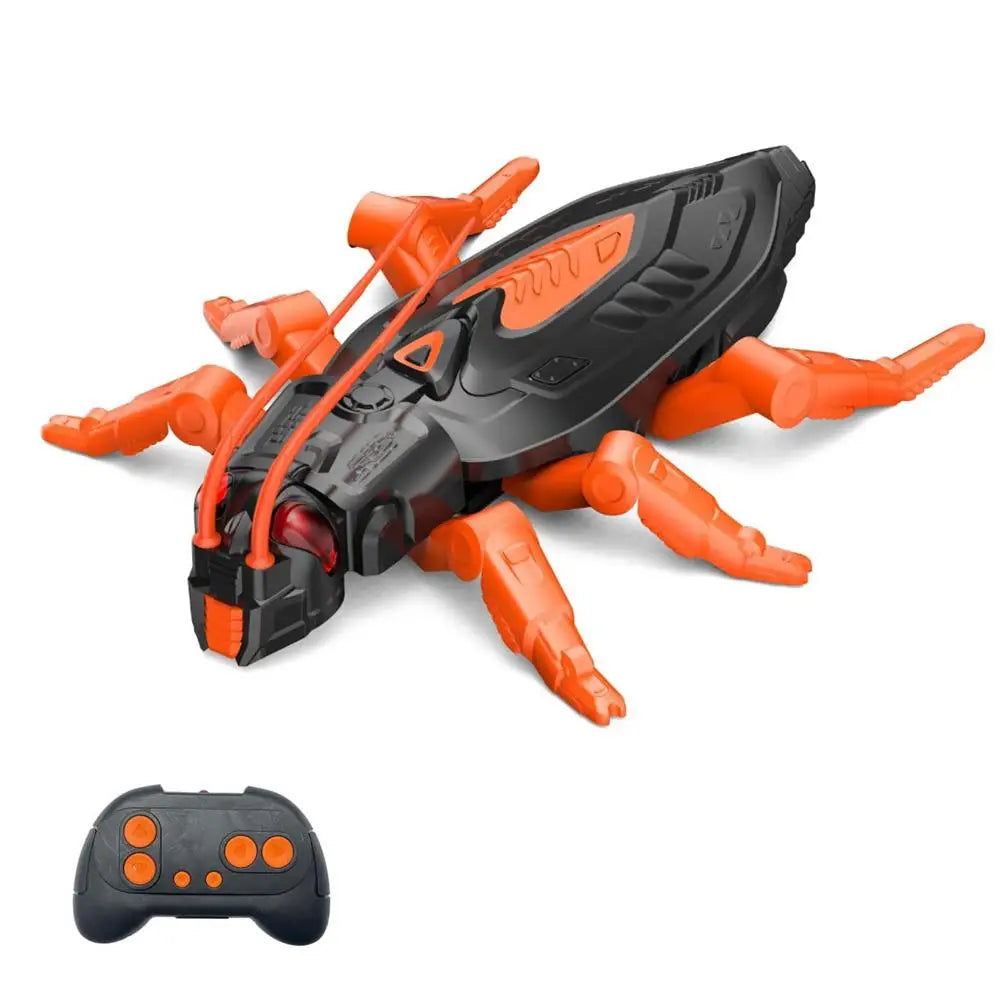 An orange and black wall-climbing RC gecko toy with glowing eyes is shown next to its controller.