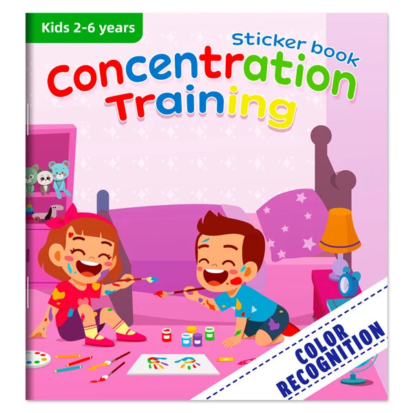 A children's sticker book for concentration training featuring colorful animal scenes and preschool learning activities.